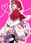  alternate_costume apron axis_powers_hetalia bad_id belgium_(hetalia) blonde_hair capelet cosplay costume dress frilled_dress frills green_eyes grimm's_fairy_tales hand_on_hip happy heart heart_of_string hood karacoroxx little_red_riding_hood little_red_riding_hood_(cosplay) little_red_riding_hood_(grimm) long_sleeves looking_at_viewer looking_back open_mouth outline pink_background ribbon short_hair simple_background solo standing_on_one_leg white_legwear wink 