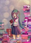  ahoge bespectacled book book_focus book_stack glasses green_hair hatsune_miku highres iralion long_hair school_uniform serafuku skirt solo too_many_books twintails very_long_hair vocaloid 