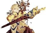  armor bad_id blonde_hair ea_(fate/stay_night) earrings fate/stay_night fate_(series) food fruit gilgamesh jewelry kuroihato male red_eyes short_hair solo 