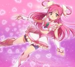  bad_id bike_shorts boots brooch butterfly cure_dream dress earrings frills gloves hair_rings heart heart_background inoguchinko jewelry long_hair magical_girl midriff pink pink_background pink_hair precure purple_eyes shorts_under_skirt smile violet_eyes yes!_precure_5 yumehara_nozomi 