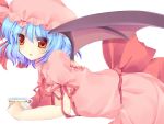  bat_wings bent_over blue_hair cup hat kujou_mikuru open_mouth red_eyes remilia_scarlet solo teacup touhou transparent_background wings 