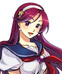  1girl asamiya_athena bad_id blue_sailor_collar blush breasts bust collarbone earrings face hairband highres jewelry king_of_fighters king_of_fighters_xi kkaiju long_hair looking_at_viewer neckerchief purple_eyes purple_hair red_neckerchief sailor_collar sailor_shirt school_uniform serafuku short_sleeves simple_background smile snk solo violet_eyes white_background white_hairband 