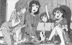  arm_up barefoot bed carton derivative_work food inami_mahiru long_hair milk_carton monochrome multiple_girls open_mouth pajamas short_hair sitting sleepover smile snack snacks takanashi_nazuna taneshima_popura working!! yamada_aoi 