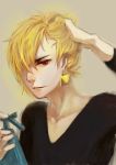  aneater blonde_hair casual earrings fate/stay_night fate_(series) gilgamesh hand_in_hair jewelry male red_eyes short_hair solo 