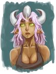  1girl bare_shoulders breasts bust cleavage dark_skin endless_library green_eyes horns lips lizhp long_hair monster_girl no_pupils nose original pink_hair pointy_ears solo tank_top whistle_frog 
