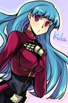  blue_hair bolero breasts character_name cropped_jacket king_of_fighters kkaiju kula_diamond long_hair purple_eyes robot_joints snk solo violet_eyes 