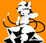  animal_ears bloomers cat_ears cat_tail chen eyebrows fingernails food fruit hat high_contrast looking_at_viewer monochrome multiple_tails mzh open_mouth orange orange_background short_hair skirt solo spelltag spot_color tail touhou 