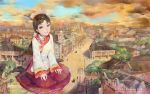  boots bow brown_eyes brown_hair building chinese_clothes cityscape cloud copyright_request earrings eyeliner giantess hair_bow jewelry lipstick makeup nail_polish ponytail sitting sky smile taiwan tree wariza 