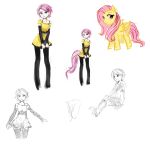  blue_eyes bridal_gauntlets dress fluttershy highres long_hair my_little_pony my_little_pony_friendship_is_magic pas_(paxiti) personification pink_eyes pink_hair short_hair sketch solo tail yellow_dress 