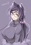  1girl animal_ears bespectacled breasts bust cat_ears glasses green_eyes kemonomimi_mode large_breasts long_hair love_live!_school_idol_project low_twintails pas_(paxiti) purple_hair ribbed_sweater scrunchie semi-rimless_glasses smile solo sweater toujou_nozomi turtleneck twintails under-rim_glasses 