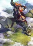  belt blue_eyes boots cloud dragon el_(mushboom) elbow_gloves field flying freckles from_above gloves goggles goggles_on_head highres knee_boots landscape long_hair mountain orange_hair original ponytail riding road smile solo world_of_warcraft 