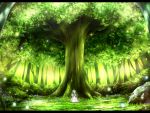  ^_^ character_request closed_eyes copyright_request dress eyes_closed forest green green_hair hair_over_one_eye letterboxed long_hair nature rock scenery sitting smile solo tree 