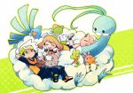  1boy 1girl :d ^_^ altaria alternate_costume arms_behind_head bandana bare_shoulders bike_shorts black_hair brown_hair chin_rest closed_eyes drooling eyes_closed fingerless_gloves gloves green haruka_(pokemon) haruka_(pokemon)_(remake) haruka_(pokemon_emerald) hat jacket jigglypuff lying mudkip on_back open_mouth pokemon pokemon_(creature) pokemon_(game) pokemon_rse poochyena ralts saliva shirou_(vista) shoes short_twintails sleeping smile sneakers torchic treecko twintails yellow_eyes yuuki_(pokemon) yuuki_(pokemon)_(remake) yuuki_(pokemon_emerald) 