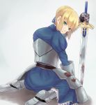  ahoge alice1888 armor armored_dress blonde_hair blood dress excalibur fate/stay_night fate_(series) faulds from_behind gauntlets green_eyes hair_ribbon highres ribbon saber sitting solo sword tears wariza weapon 