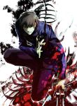  aonome black_keys brown_eyes brown_hair cross fate/stay_night fate/zero fate_(series) kotomine_kirei male skeleton solo throwing_knife weapon 
