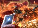  armor blue_eyes fantasy fire flower foreshortening highres kazeno long_hair megurine_luka midriff navel open_mouth pink_hair polearm solo sword very_long_hair vocaloid weapon 