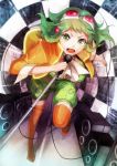  breasts goggles goggles_on_head green_eyes green_hair gumi jacket megpoid_(vocaloid3) microphone microphone_stand open_mouth shion_(kizuro) short_hair shorts singing smile solo speaker thigh-highs thighhighs vocaloid 
