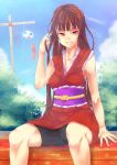  bike_shorts brown_eyes brown_hair copyright_request highres hude-pen japanese_clothes sitting 