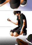  backpack black_hair falling freckles hat jewelry kara_(acluf-0156) kneeling male muscle necklace one_piece pirate portgas_d_ace randoseru simple_background solo tattoo 