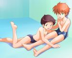  2boys brown_eyes brown_hair ebi-rom green_eyes multiple_boys original short_hair speedo swim_trunks swimsuit 