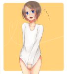  1boy blue_eyes blush bottomless brown_hair collarbone covering covering_crotch hair_ornament hairclip heart looking_at_viewer open_mouth orange_background original shirt short_hair solo trap white_shirt 