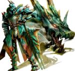  belt full_armor glowing glowing_eyes helmet lagiacrus lagiacrus_(armor) monster_hunter monster_hunter_3 moyaro open_mouth shadow sharp_teeth simple_background sword weapon 