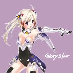  aisha_(elsword) alternate_hair_color armpits bad_id bodysuit breasts cleavage detached_collar elsword gloves highres kuro_(kuronell) kuronell leotard long_hair mecha_musume pointy_ears ponytail purple_background purple_eyes simple_background solo thigh-highs thighhighs twintails white_hair 