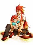  2boys abs child dual_persona fingerless_gloves gloves long_hair luke_fon_fabre male midriff mieu multiple_boys red_hair redhead shorts smile tales_of_(series) tales_of_the_abyss time_paradox young 