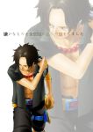  1boy backpack belt black_hair freckles hat jewelry kara_(acluf-0156) male muscle necklace one_piece open_shirt portgas_d_ace randoseru solo standing tattoo text translated white_background 