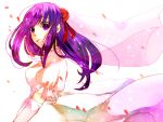  bridal_veil bride dress fate/stay_night fate_(series) flower hair_ornament hair_ribbon kuseayumi matou_sakura purple_eyes purple_hair red_rose ribbon rose solo veil violet_eyes wedding_dress 