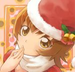 bell brown_eyes brown_hair cure_blue_(aoryu) hand_on_own_face hat heartcatch_precure! myoudouin_itsuki precure santa_hat scarf short_hair solo 