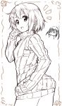  ass bad_id doodle hair_ornament hairclip hand_on_hip hips hirasawa_yui jkp423 k-on! komase_(jkp423) looking_at_viewer looking_back monochrome multiple_girls nakano_azusa naked_sweater no_panties no_pants o3o open_mouth ribbed_sweater short_hair sweater sweater_dress turtleneck 