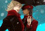  black_hair blonde_hair cabbie_hat coat dark_persona dark_skin earrings ebitetsu facial_hair formal glasses hat highres jewelry male multiple_boys nail_polish necktie ouroboros ourobunny red_eyes scarf short_hair stubble suit tattoo tiger_&amp;_bunny umbrella vest waistcoat wirttian 