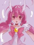  bow choker cnove cure_happy feathers head_wings hoshizora_miyuki long_hair magical_girl pink pink_eyes pink_hair precure purple_background ribbon smile smile_precure! solo twintails 
