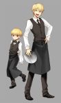  blonde_hair bowtie child child_gilgamesh dual_persona earrings fate/hollow_ataraxia fate/stay_night fate_(series) gilgamesh jewelry male multiple_boys necktie red_eyes short_hair simple_background sunday31 vest waistcoat waiter young 