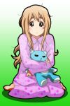  71 :&lt; blonde_hair blue_eyes eyebrows k-on! kotobuki_tsumugi long_hair messy_hair pajamas sitting solo stuffed_animal stuffed_toy teddy_bear wariza 