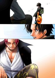  2boys beard cape facial_hair freckles hat kara_(acluf-0156) male multiple_boys muscle one_piece pirate portgas_d_ace red_hair redhead scar shanks shirt short_hair simple_background sitting smile spread_legs standing 