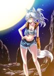  absurdres animal_ears arm_warmers bare_shoulders bolero crop_top cropped_jacket full_moon fur_trim hair_over_one_eye hand_on_hip highres hips long_hair midriff mikoto_(mio) moon navel night night_sky original ponytail rock scar short_shorts shorts silver_hair sky sleeveless solo standing tail tubetop wolf_ears wolf_tail yellow_eyes 
