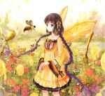  anko_kinako bee braid brown_hair butterfly dress field flower food fork fruit gradient_hair hair_flower hair_ornament hair_ribbon honey lemon long_hair multicolored_hair orange original purple_eyes purple_hair ribbon solo spoon standing twin_braids very_long_hair violet_eyes yellow_dress 