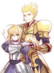  1girl ahoge armor armored_dress blonde_hair dress earrings fate/stay_night fate/zero fate_(series) gauntlets gilgamesh green_eyes hair_ribbon jewelry red_eyes ribbon saber sunday31 