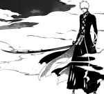  bankai bleach gloves highres japanese_clothes kubo_taito kurosaki_ichigo male manga monochrome nodachi official_art scan short_hair solo spoilers sword tensa_zangetsu weapon zangetsu 