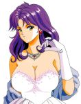  90s breasts cleavage earrings elbow_gloves female gloves jewelry kagami_mira kokura_masashi konami large_breasts long_hair necklace official_art purple_hair scan shawl simple_background solo tokimeki_memorial tokimeki_memorial_1 white white_background yellow_eyes 