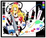  abstract ahoge arms_up blonde_hair blush bow eraser green_eyes hat ideolo long_hair no_nose over-kneehighs palette pencil rainbow_order ribbon sample shoes skirt smile solo striped striped_legwear stylus tombow_mono vest 
