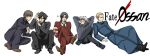  black_hair blonde_hair brown_hair chop command_spell cross emiya_kiritsugu facial_hair fate/stay_night fate/zero fate_(series) goatee karate_chop kayneth_archibald_el-melloi kotomine_kirei male matou_kariya multiple_boys natsu_yasai sparkle spitting spitting_blood tohsaka_tokiomi toosaka_tokiomi white_background white_hair wine worms 