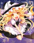  :d arie9 blonde_hair bow braid broom broom_riding hat kirisame_marisa open_mouth smile solo star touhou witch witch_hat yellow_eyes 