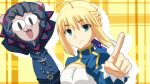  1girl ahoge blonde_hair carnival_phantasm caster_(fate/zero) dress fate/stay_night fate/zero fate_(series) green_eyes hair_ribbon nagare nekoarc parody pointing ribbon saber type-moon 