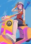  boots flcl gainax gainaxtop gloves goggles guitar guitar_(artist) haruhara_haruko helmet instrument knee_boots motor_vehicle purple_hair scooter short_hair sky solo vehicle vespa yellow_eyes 