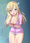  bikini blonde_hair blue_eyes blush boku_wa_tomodachi_ga_sukunai breast_hold breasts breasts_support butterfly butterfly_hair_ornament cleavage fang front-tie_top hair_ornament jacket kashiwazaki_sena kuri_youkan large_breasts long_hair open_mouth solo swimsuit swimsuit_under_clothes 