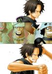  beard bizarre_(one_piece) black_hair doma facial_hair facial_mark freckles grin hat jewelry kara_(acluf-0156) male multiple_boys muscle necklace one_piece palms_(one_piece) pirate portgas_d_ace sharp_teeth simple_background smile squardo tattoo 