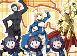  2boys ahoge armor assassin_(fate/zero) blonde_hair carnival_phantasm caster_(fate/zero) dancing dress fate/stay_night fate/zero fate_(series) gilgamesh green_eyes hair_ribbon mask multiple_boys nagare nekoarc parody red_eyes ribbon saber short_hair type-moon 